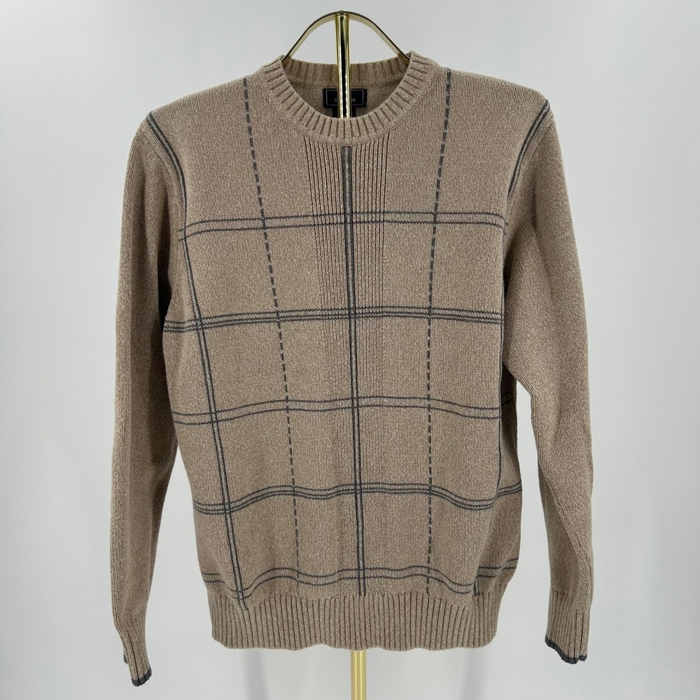 Dockers Mens Large Tan Windowpane Plaid 100% Cotton Crewneck Sweater L